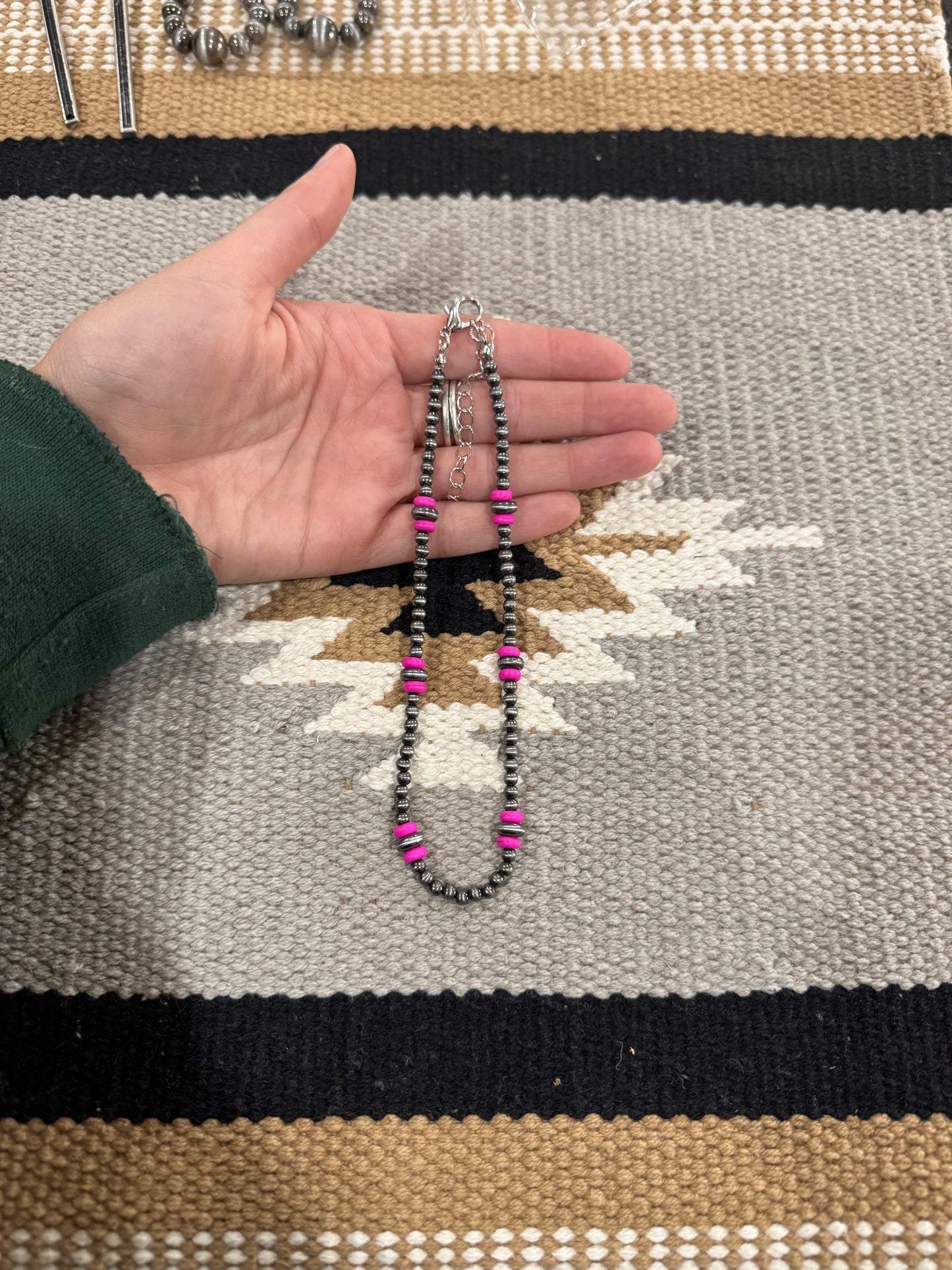 Silver beaded choker with pink pearls
