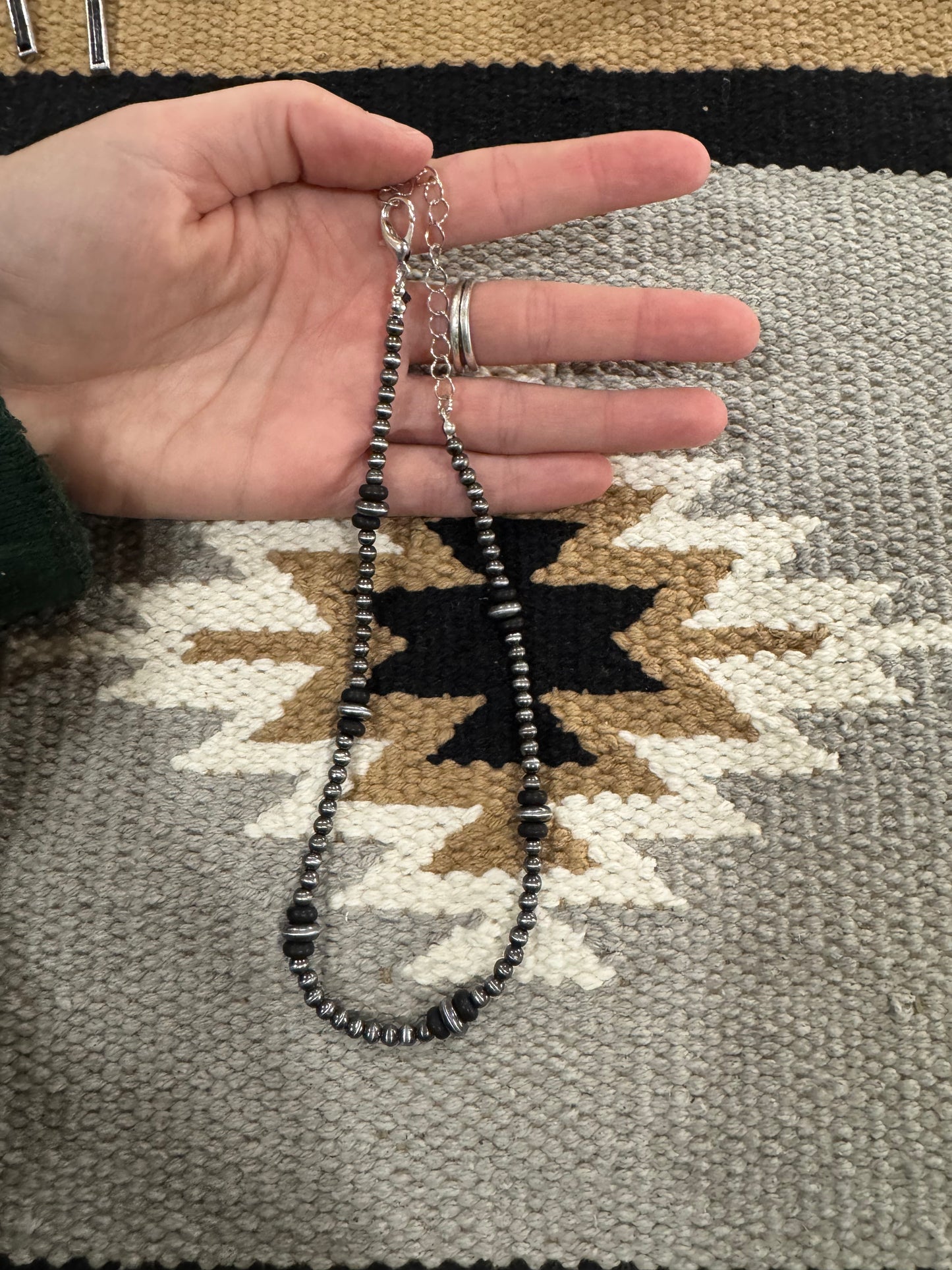 Silver beaded choker with black pearls