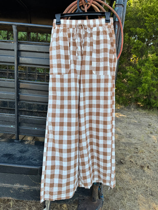 Gingham Plaid Tie Elastic Waist Shift Pants